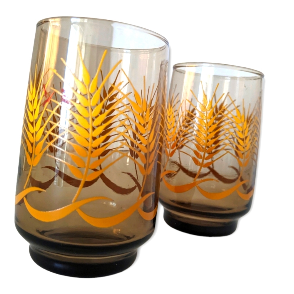 Vintage Libbey Amber Wheat Juice Glass Tumblers - Set of 2 - Small, Yellow Amber